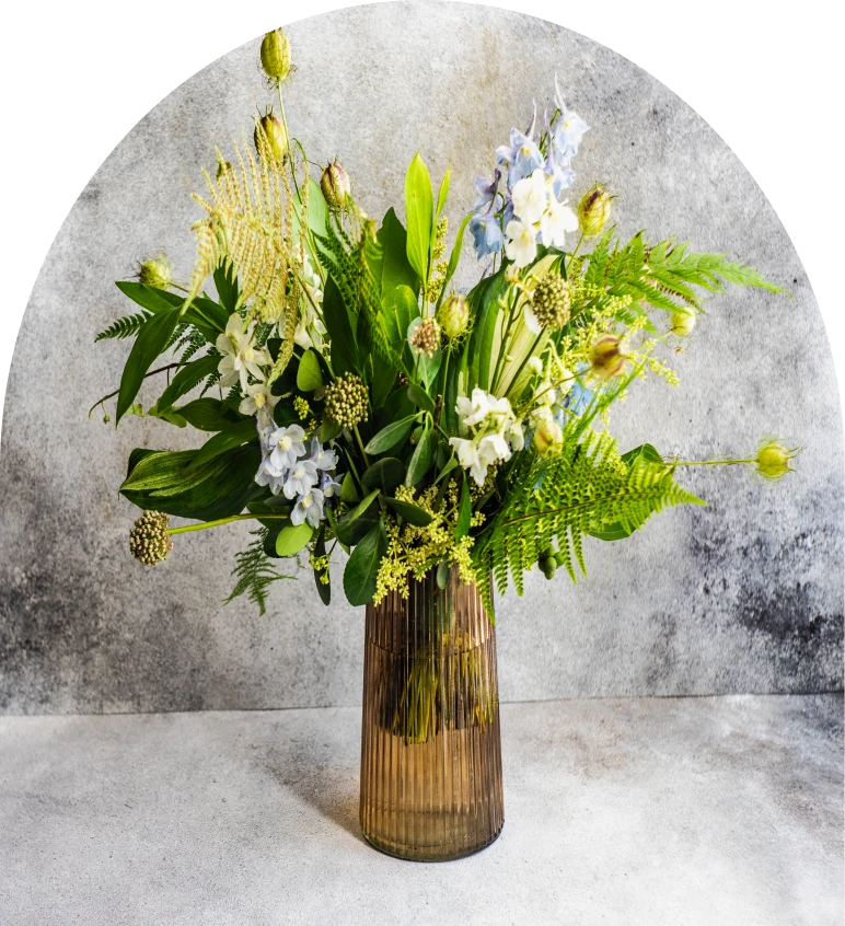 Artistic floral display against textured background